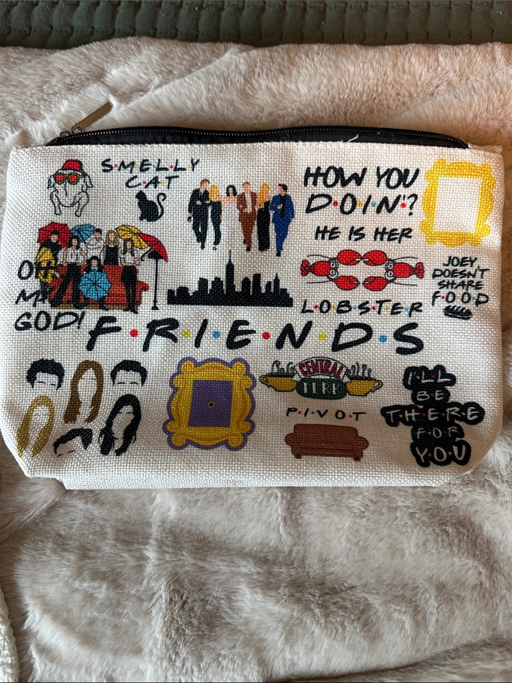 White 'Friends' Themed Canvas Pouch with Multicolor Prints